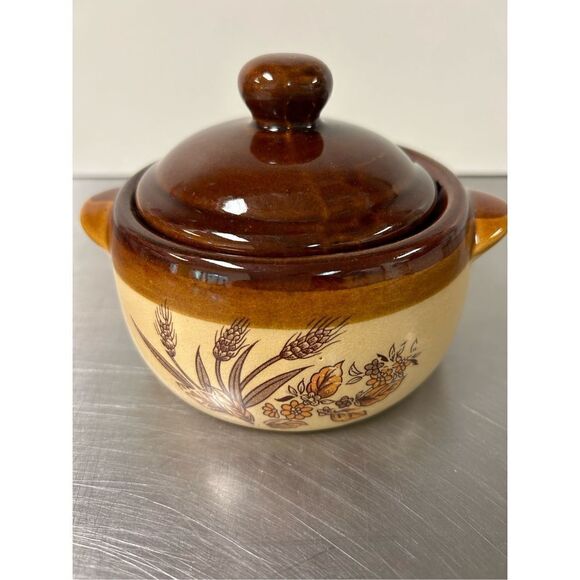 🌼5for$25🌼 Vintage Mini Bean Pot and Lid with Wheat Design Ombre 1 side - Picture 4 of 8